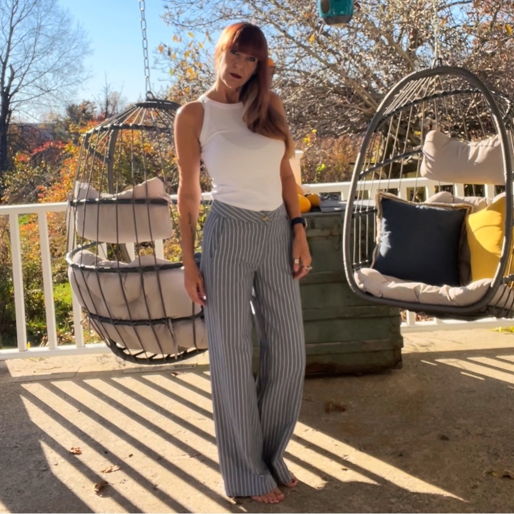 Blue & White Stripe Dress Wide Leg Pants